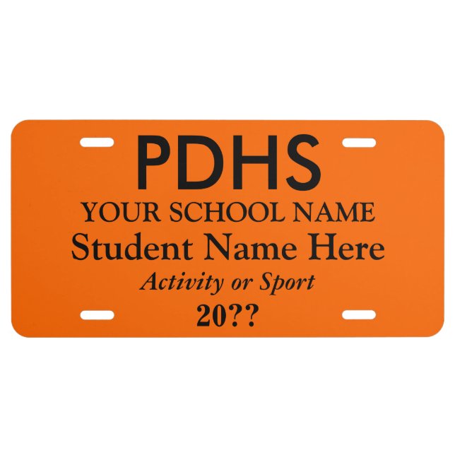 Orange College or High School Student License Plate (Front)