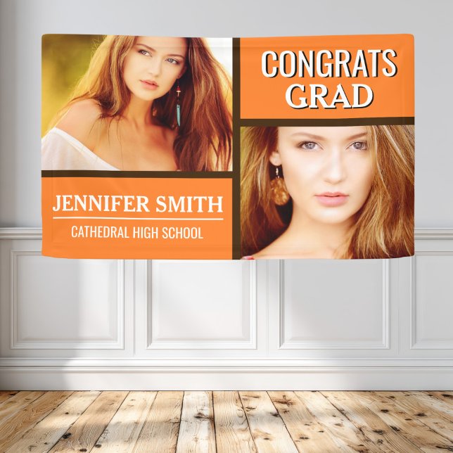 Orange Color Block Modern Photo Graduation Party Banner (Creator Uploaded)