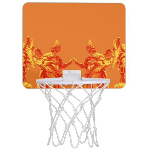 Orange color digital art with sculptures mini basketball hoop