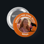 Orange Color Guard Photo High School Dancer Button<br><div class="desc">This cool customized high school color guard photo gift features white typography of your team and dancer name on an orange button with a silhouette of a girl leaping and flag spinning. Personalize with your student's photograph and class year as a proud parent. A mom and dad can wear these...</div>