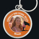 Orange Color Guard Photo High School Dancer Keychain<br><div class="desc">This cool customized high school color guard photo gift features white typography of your team and dancer name on an orange keychain with a silhouette of a girl leaping and flag spinning. Personalize with your student's photograph and class year as a proud parent.</div>