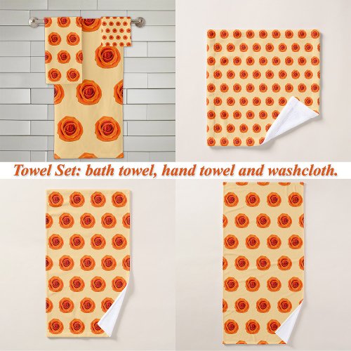 Orange Color Rose Flower Seamless Pattern on Bath Towel Set
