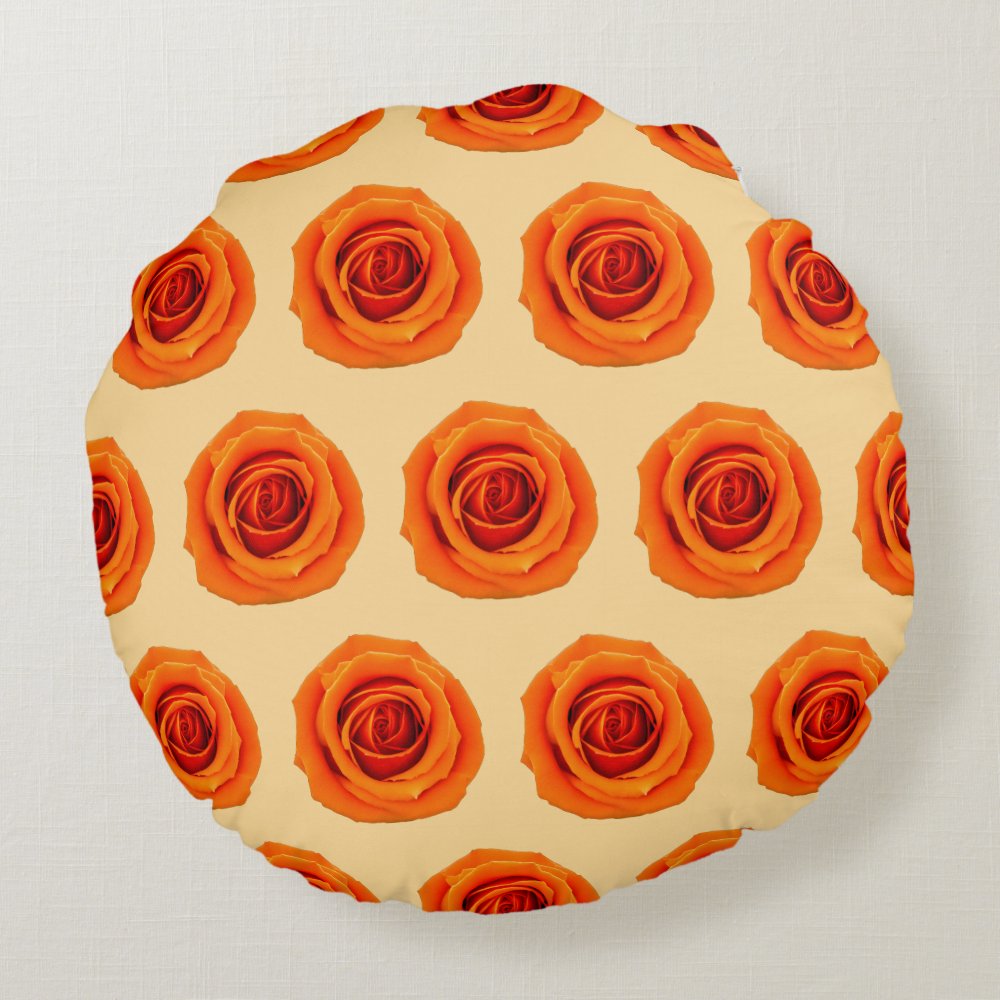Disover Orange Color Rose Flower Seamless Pattern on Round Pillow