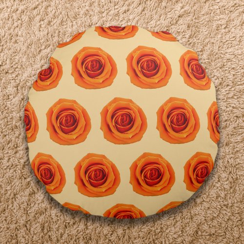 Orange Color Rose Flower Seamless Pattern on Round Pillow