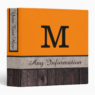 Orange Color Rustic Look Wood Monogram Binder