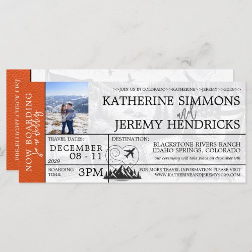 Orange Colorado Wedding Boarding Pass Invite