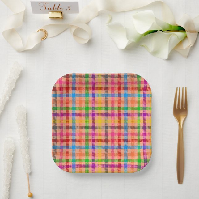 Orange Colorful Gingham Plaid Pattern  Paper Plates (Wedding)