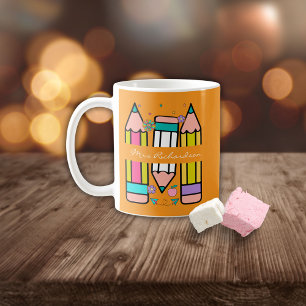 Orange Colorful teacher name pencil cartoon Coffee Mug