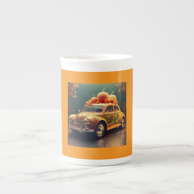 Orange Compact Car Pumpkins On Top Bone China Mug (Front)