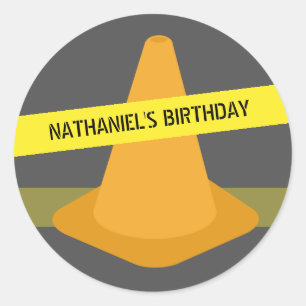 Orange Cone & Caution Tape Construction Birthday Classic Round Sticker