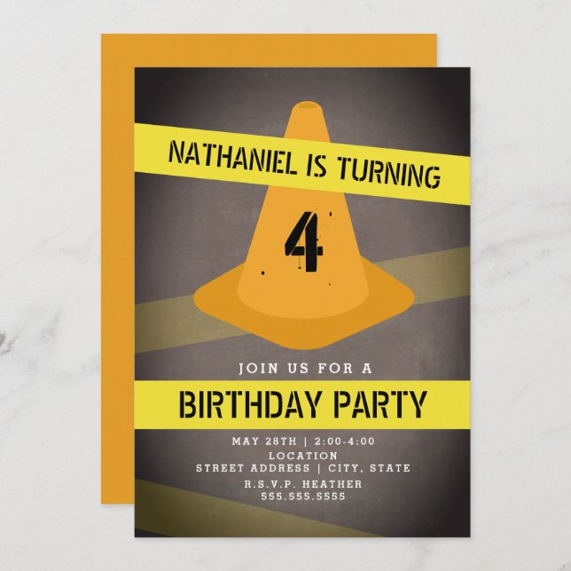 Orange Cone Caution Tape Construction Birthday Invitation (Front/Back)