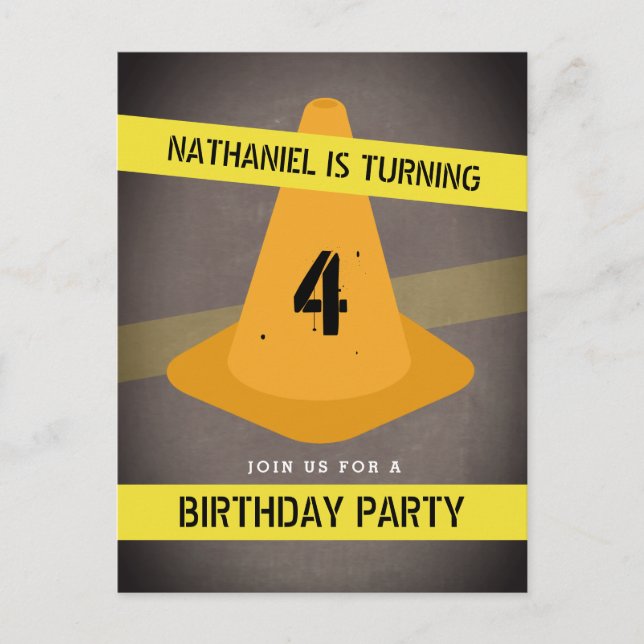 Orange Cone Caution Tape Construction Birthday Invitation Postcard (Front)