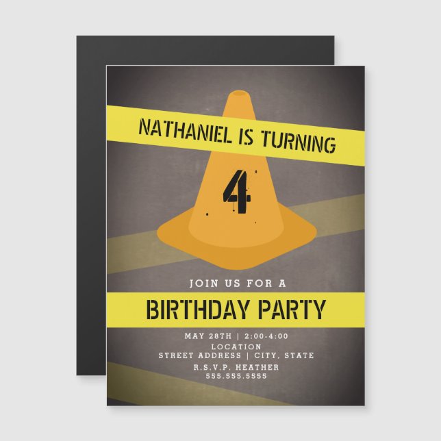 Orange Cone Caution Tape Construction Birthday Magnetic Invitation (Front/Back)