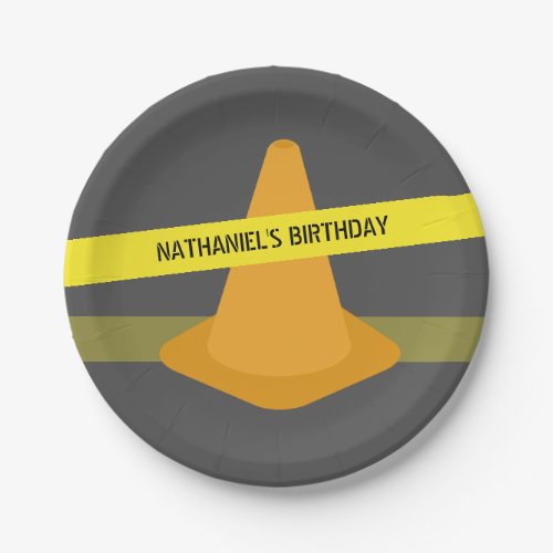 Orange Cone Caution Tape Construction Birthday Paper Plates