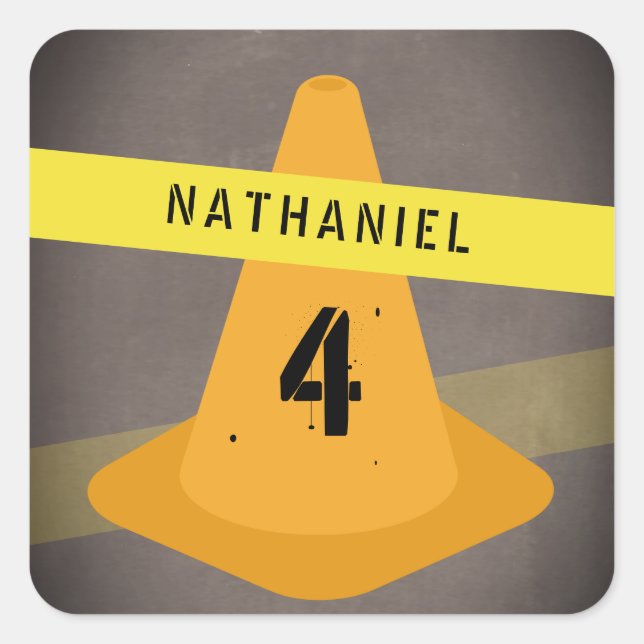 Orange Cone Caution Tape Construction Birthday Square Sticker (Front)