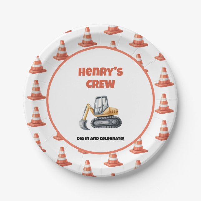 Orange Cone Construction Digger Name Boy Birthday Paper Plates (Front)