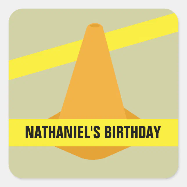 Orange Cone & Construction Tape Birthday Party Square Sticker Zazzle