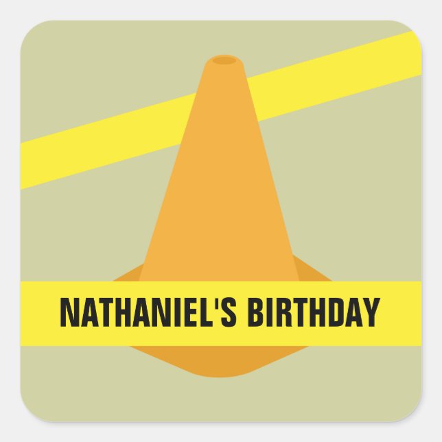 Orange Cone & Construction Tape Birthday Party Square Sticker (Front)