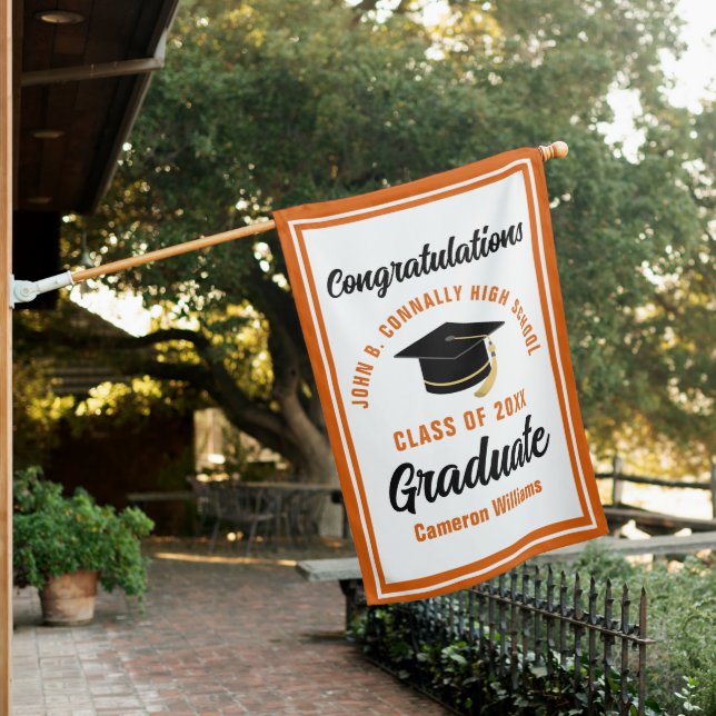 Orange Congratulations Graduate Customizable House Flag (In SItu)