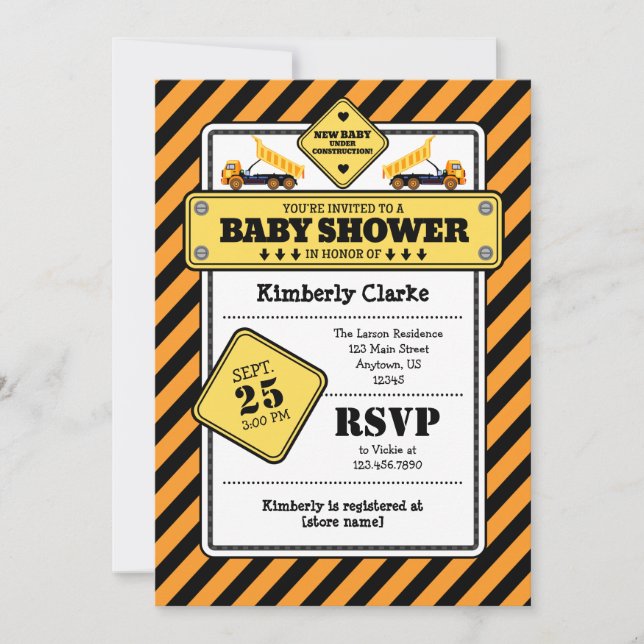 Orange Construction Baby Shower Invitation (Front)