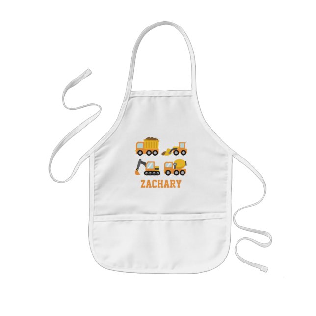Orange Construction Vehicles and Trucks, Kids Name Kids' Apron (Front)