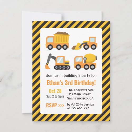 Orange Construction Vehicles Kids Birthday Party Invitation