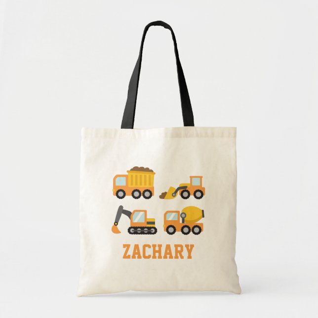 Orange Construction Vehicles Set Kids Personalized Tote Bag (Front)