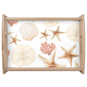 Orange Coral And Beige Seashells Serving Tray
