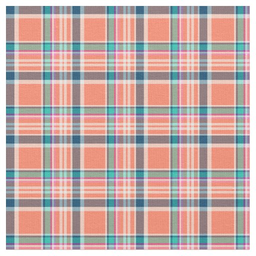 Orange Coral and Blue Girly Plaid Fabric