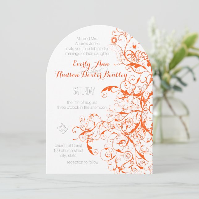 Orange Coral Birds & Swirls Wedding Invitations (Standing Front)