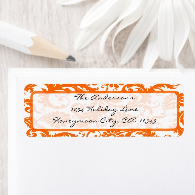 Orange Coral Damask Black Calligraphy Address Label (Insitu)