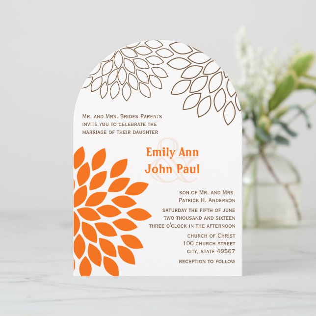 Orange Coral Floral Dahlia Wedding Invitations (Standing Front)