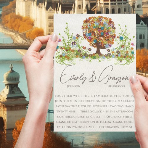 Orange Pink Aqua Swirled Flower Love Tree Wedding Invitations