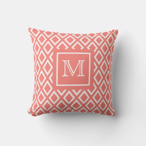 Orange coral geomettric diamond monogram outdoor outdoor pillow