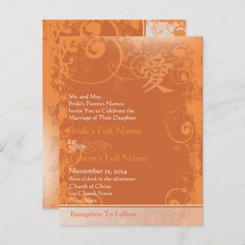 Orange Coral Kanji for Love Swirl Wedding Invitation Postcard