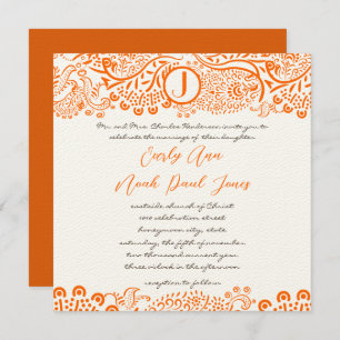 Orange Coral Lovebird Pattern Monogram Weddings Invitation