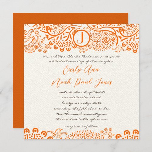 Orange Coral Lovebird Pattern Monogram Weddings Invitation