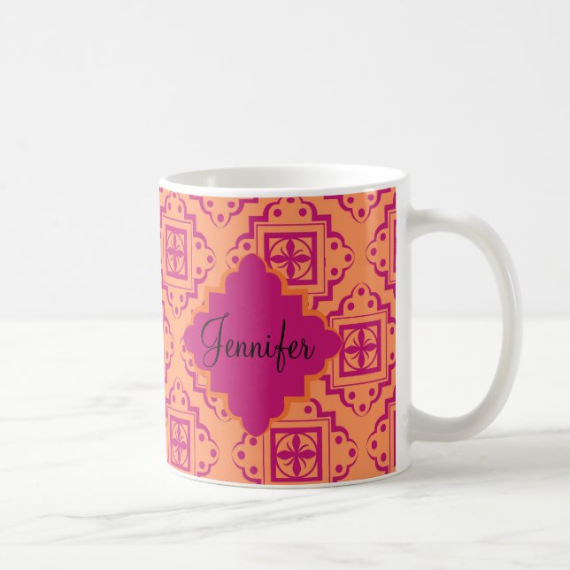 Orange Coral & Magenta Arabesque Moroccan Graphic Coffee Mug (Right)