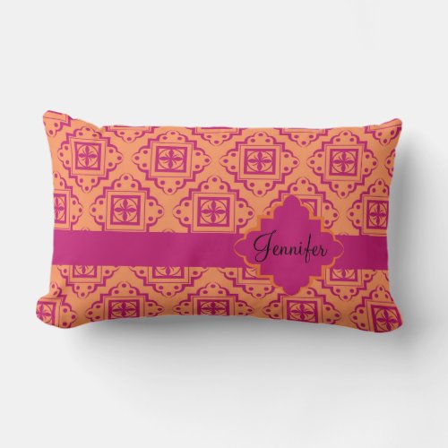 Orange Coral  Magenta Arabesque Moroccan Graphic Lumbar Pillow