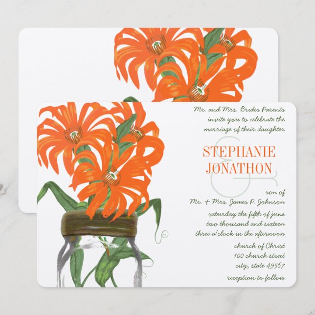 Orange Coral Mason Jar Rustic Barn Wedding Invitation (Front/Back)