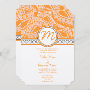 Orange Coral Monogram Paisley Wedding Invitation