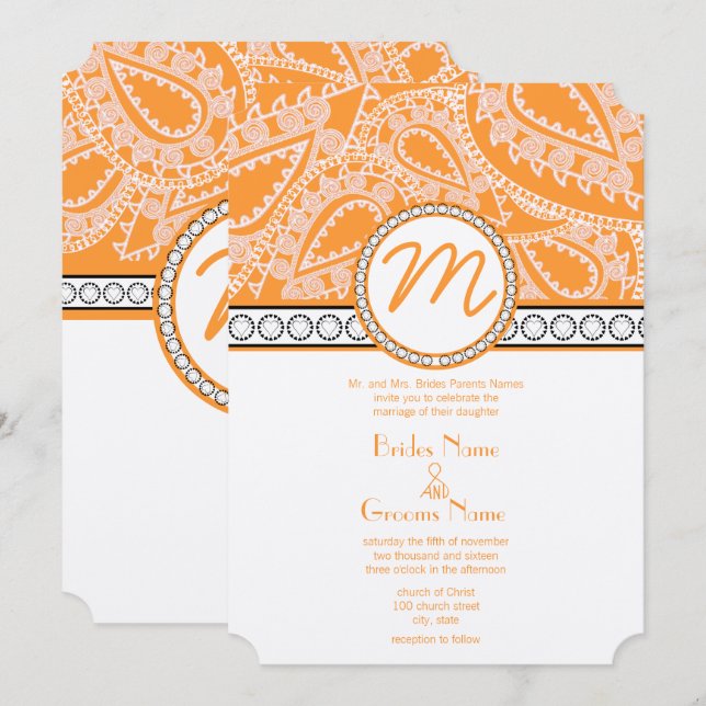 Orange Coral Monogram Paisley Wedding Invitation (Front/Back)