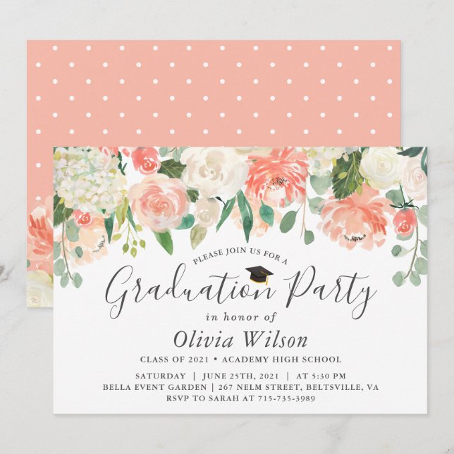 Orange Coral Peach Flowers Graduation Party Invitation (Front/Back)
