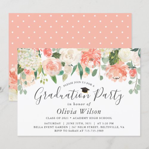 Orange Coral Peach Flowers Graduation Party Invitation