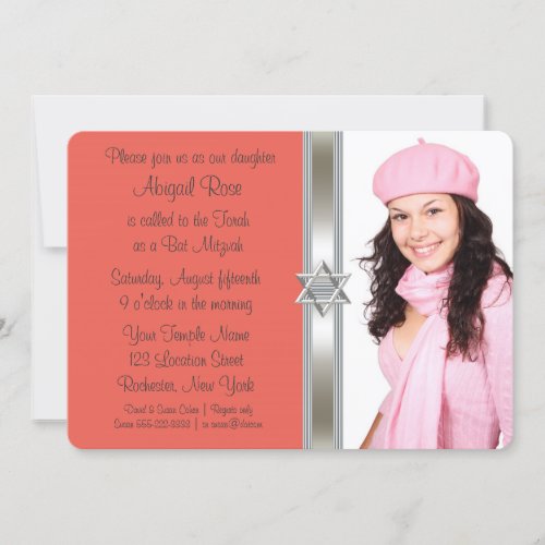 Orange Coral Photo Bat Mitzvah Invitation