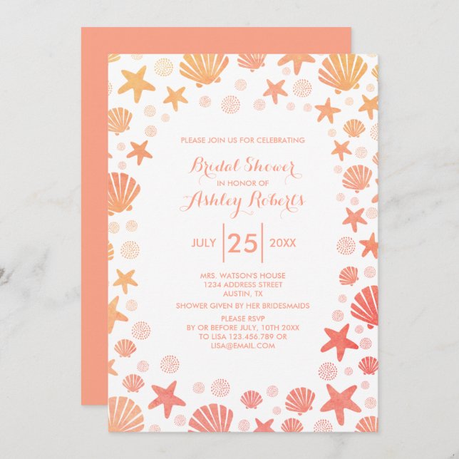 Orange-Coral Sea Things Bridal Shower Invitation (Front/Back)