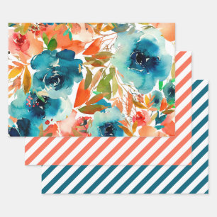 Orange Coral Teal Watercolor Floral Striped Wrapping Paper Sheets