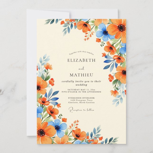Orange Cornflower Blue Splendid Summer Wedding Invitation (Front)