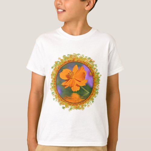 Orange cosmos flower above the water in frame of l T_Shirt