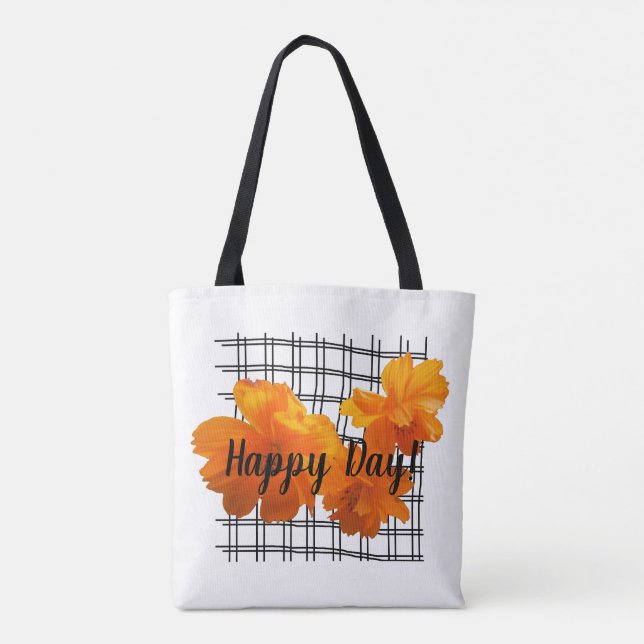 Orange Cosmos Flower on Black Grid on White Tote Bag (Back)